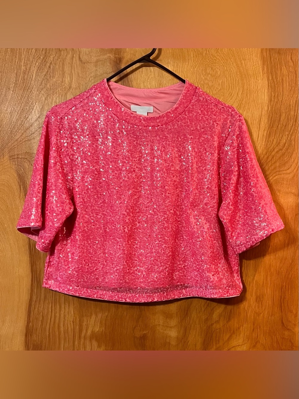 H&M Pink Sequined Crop Top w/Short Sleeves Size Small